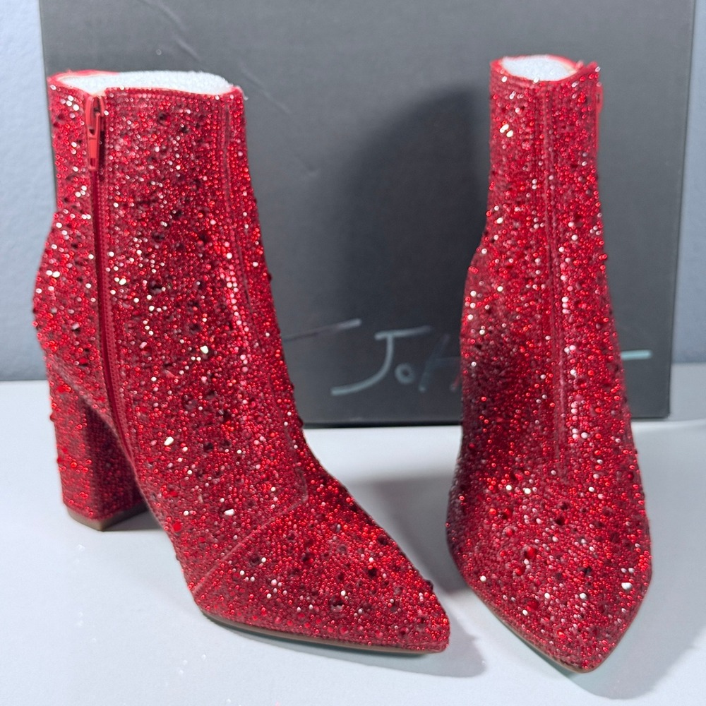 Betsey Johnson SB-Cady Red Rhinestone Glass Stone Block Heel Ankle Boots 5.5M - Picture 5 of 12